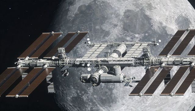Modular lunar-orbit space station with central truss, docking modules, solar arrays