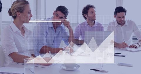Collaborating Team Reviewing Data Analytics Chart Overlay in Modern Conference Room