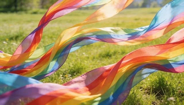 Sunlit rainbow ribbons flowing across meadow, sheer translucent fabric in motion