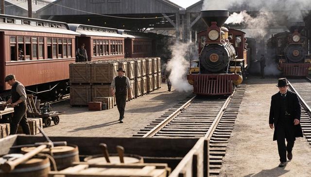 Victorian steam locomotive pulling into busy freight yard while workers load wooden crates