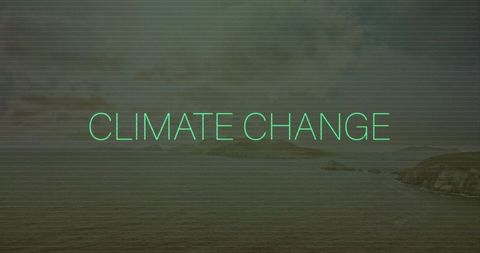 Neon teal climate change text floating over misty coastal seascape with scanline texture