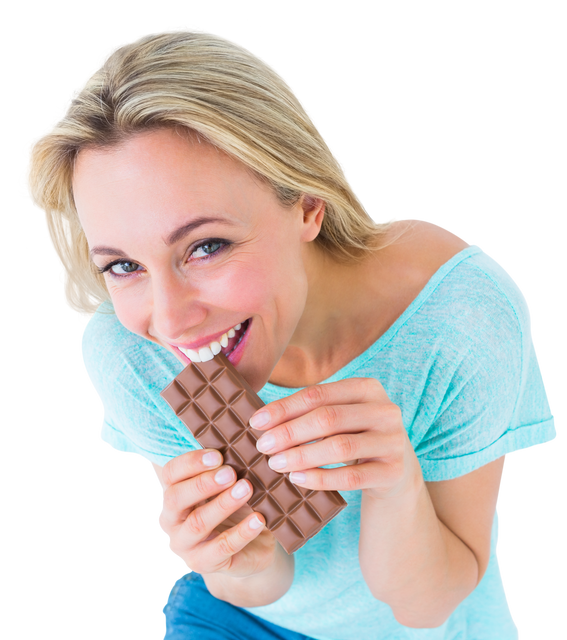 Smiling Blonde Woman Eating Bar of Chocolate Transparent Background - Download Free Stock Videos Pikwizard.com