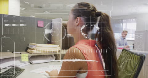 Businesswoman Using Computer with Digital Data Overlay in Office