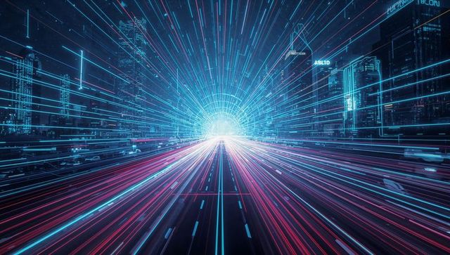 Futuristic Neon Light Trails Converging in Cyberspace