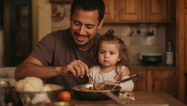 Father stirring skillet while toddler watches in cozy wooden kitchen family cooking moment