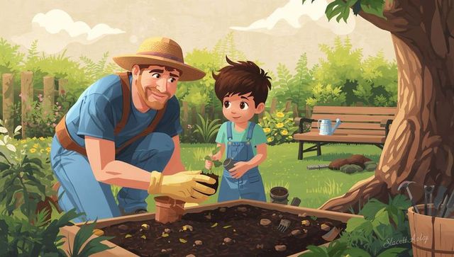 Gardener teaching child planting seedlings in backyard raised bed