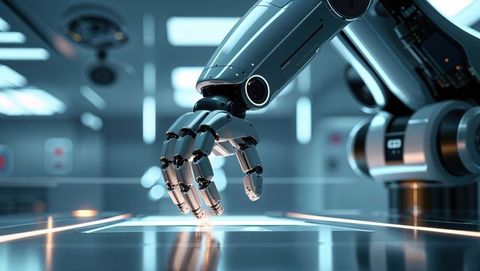 Robot Arm Interacting with Holographic Interface in Futuristic Lab