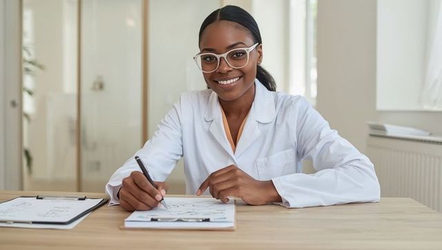 Professional Female Doctor Writing Notes at Clinic Desk