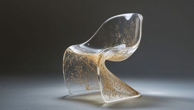 Modern transparent acrylic chair with embedded gold stems sculptural cantilever design