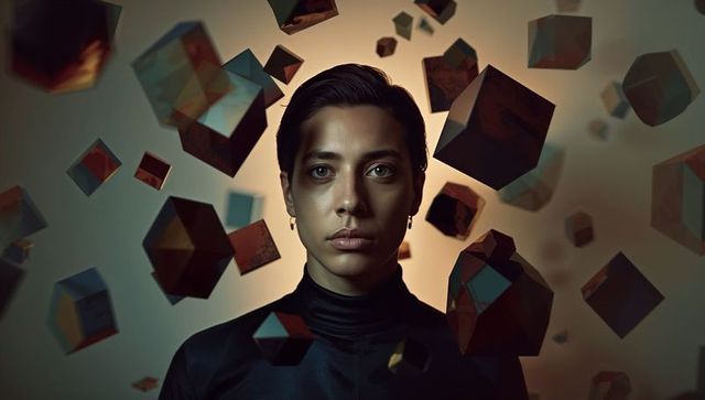 Gazing man with hoop earrings surrounded by floating metallic geometric cubes backlit portrait