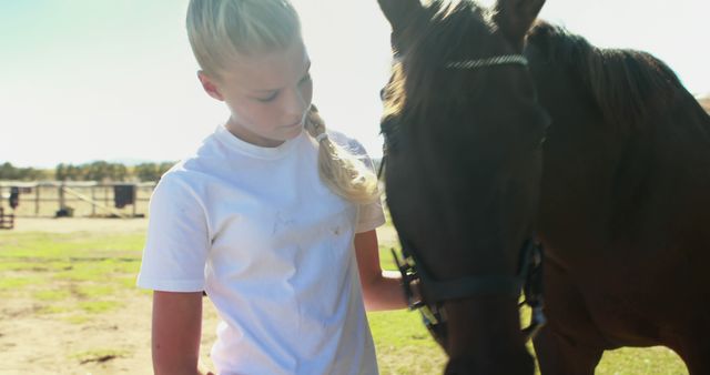 Young girl petting a horse outdoors on a sunny day, wearing casual white t-shirt. Ideal for use in content related to rural life, connection with animals, youth activities, summer adventures, outdoor hobbies, and nature appreciation.