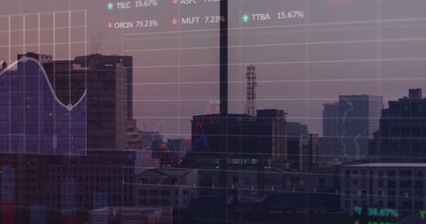 Urban skyline at dusk reflecting on office glass with financial charts and stock data overlaying