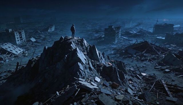 Lone survivor standing on rocky outcrop surveying ruined city under blue night sky