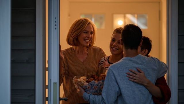 Smiling host greeting teens at front door offering basket of pastries in warm twilight
