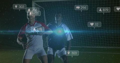 Night soccer players competing with social media overlays under stadium lights and lens flare