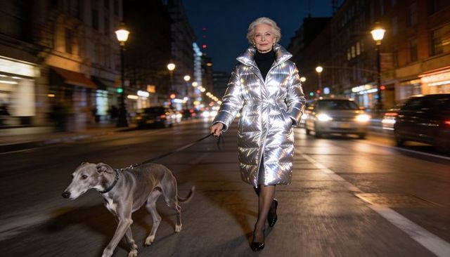 Senior woman walking whippet in reflective silver puffer coat on night city street