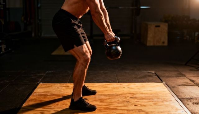 Muscular athlete holding kettlebell hinge on wooden platform in garage gym training