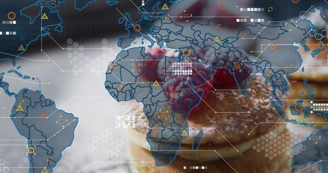 Syrup drizzling over stacked pancakes with berry compote and global data network overlay