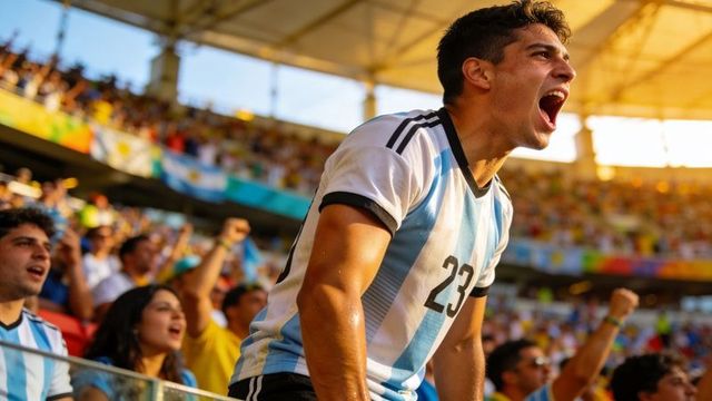 Shouting soccer fan leaning over barrier wearing blue white striped jersey number 23