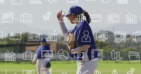 Female Baseball Player on Field with Overlay of Data Icons