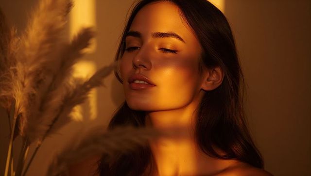 Golden hour portrait showing glowing skin and pampas grass for beauty and wellness cinematic