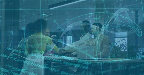 Diverse teams meeting with dna and data concept overlay
