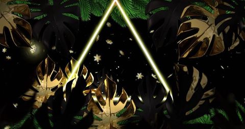 Neon triangle lighting gold monstera leaves over starry black night luxury festive design