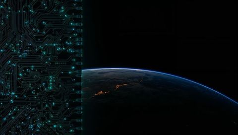 Earth Horizon with Neon Blue Airglow and Teal Circuit Seam Futuristic Tech Concept