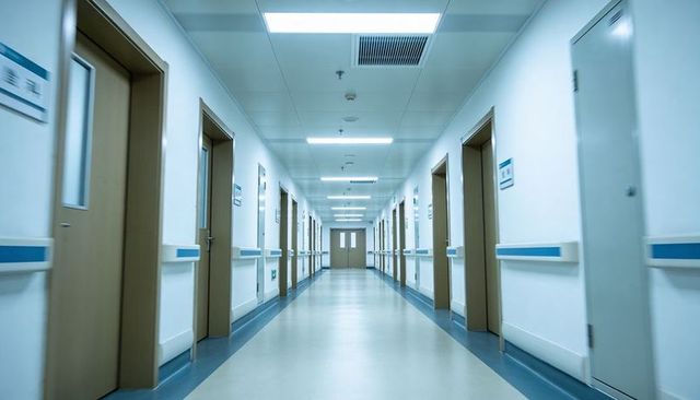 Leading hospital corridor stretching toward double doors with handrails and led lighting