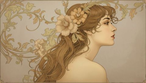 Art nouveau woman with floral accents and flowing vines