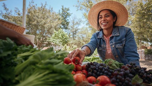 Smiling woman in straw hat selecting strawberries at sunny outdoor farmers market