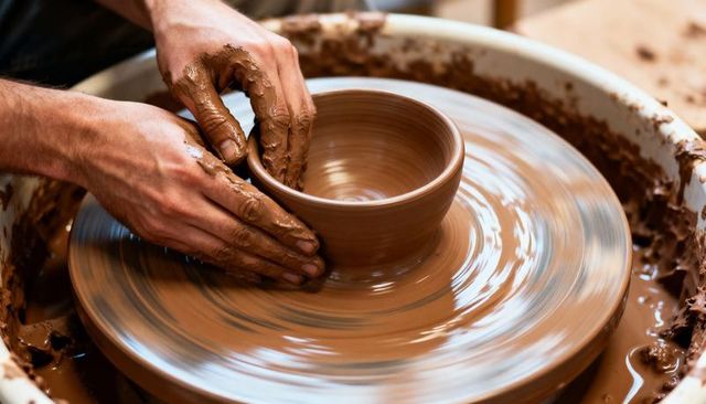 Clay wheel throwing close-up hands shaping handmade ceramic cup craftsmanship