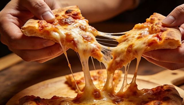 Hands pulling gooey cheese pizza slice with stretchy cheese pull on wooden board