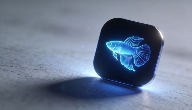 Neon betta hologram projecting from sleek black device on minimalist gray surface