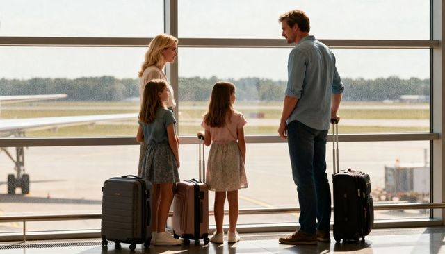 Family of four standing at airport gate watching plane with rolling luggage