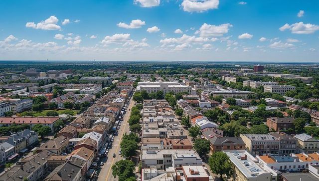 Aerial view of suburban city showing streets and residential area