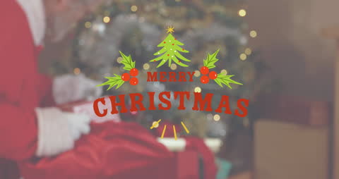 Santa Claus Near Christmas Tree with Merry Christmas Text Animation