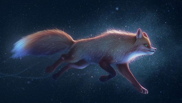 Leaping cosmic fox with glowing green eyes and sparkling nebula fur