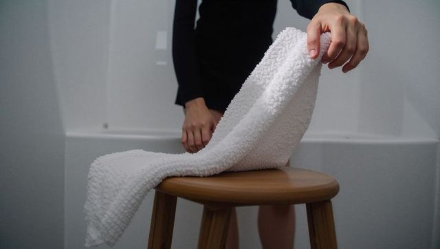 Draping textured white towel over wooden stool by bathtub, intimate bathroom self-care