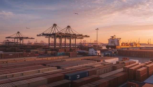 Sunset container terminal with gantry cranes and cargo ship under golden sky at port
