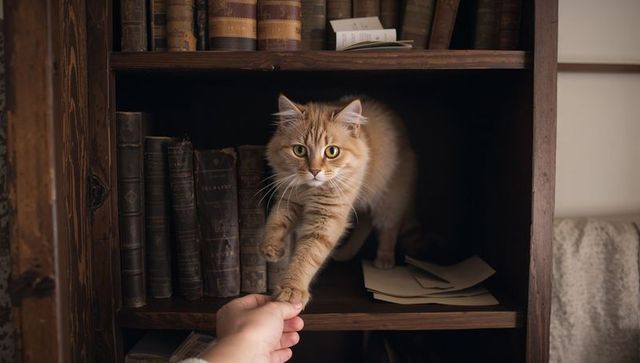 Curious ginger tabby reaching paw to owner hand on vintage bookshelf with leather books