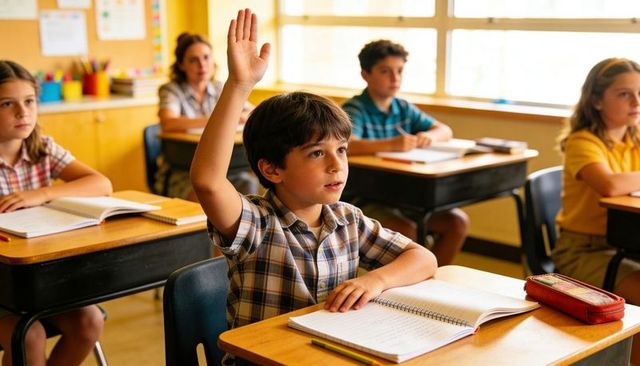 Elementary student raising hand while studying at desk with open notebook and sunlight
