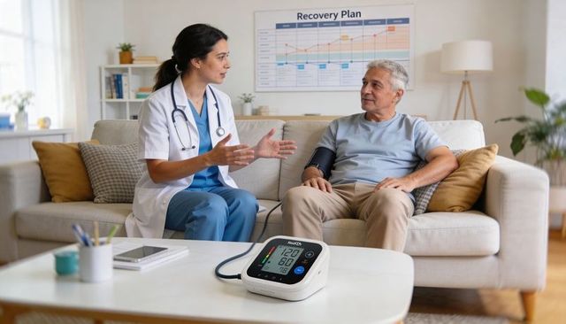 Doctor explaining home blood pressure monitoring to senior man on living room sofa
