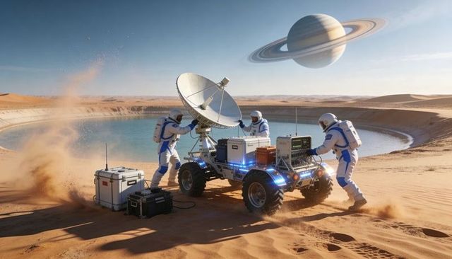 Astronauts Repairing Rover Antenna at Desert Basin with Ringed Planet and Glowing Panels