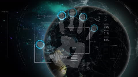 Futuristic Digital Globe with Analyzing Hand Interface