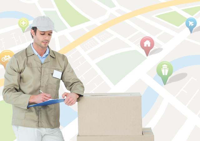 Delivery man standing with cardboard boxes, writing on clipboard with centered background of digital map showing locations. Useful for illustrating logistics, shipping services, route planning, delivery tracking, and transportation management industry.