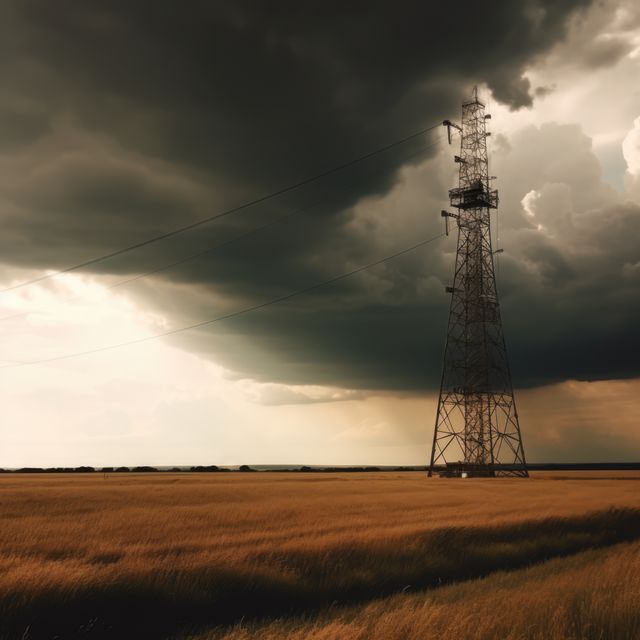Telephone tower in agricultural field, copy space, created using generative ai technology. Communication, cell tower and wireless telephone technology concept digitally generated image.