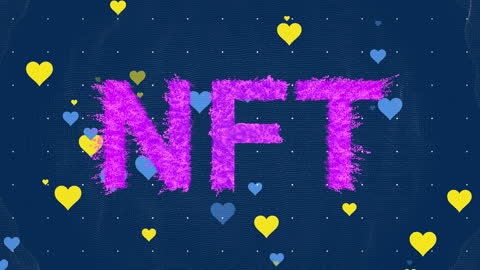 Vibrant NFT Text with Heart Icons on Blue Background