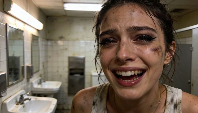 Upset woman laughing through tears with smeared makeup and bruises in rundown restroom