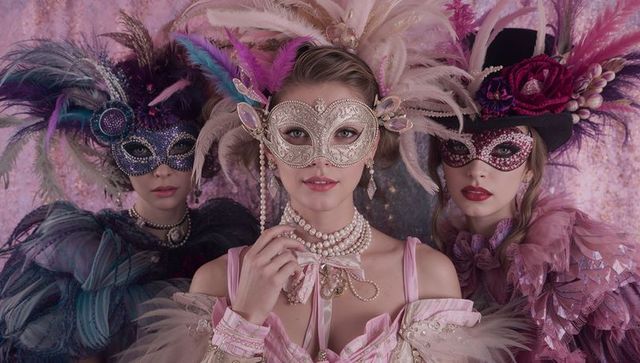 Elegant women in feathered masquerade masks and corset gowns